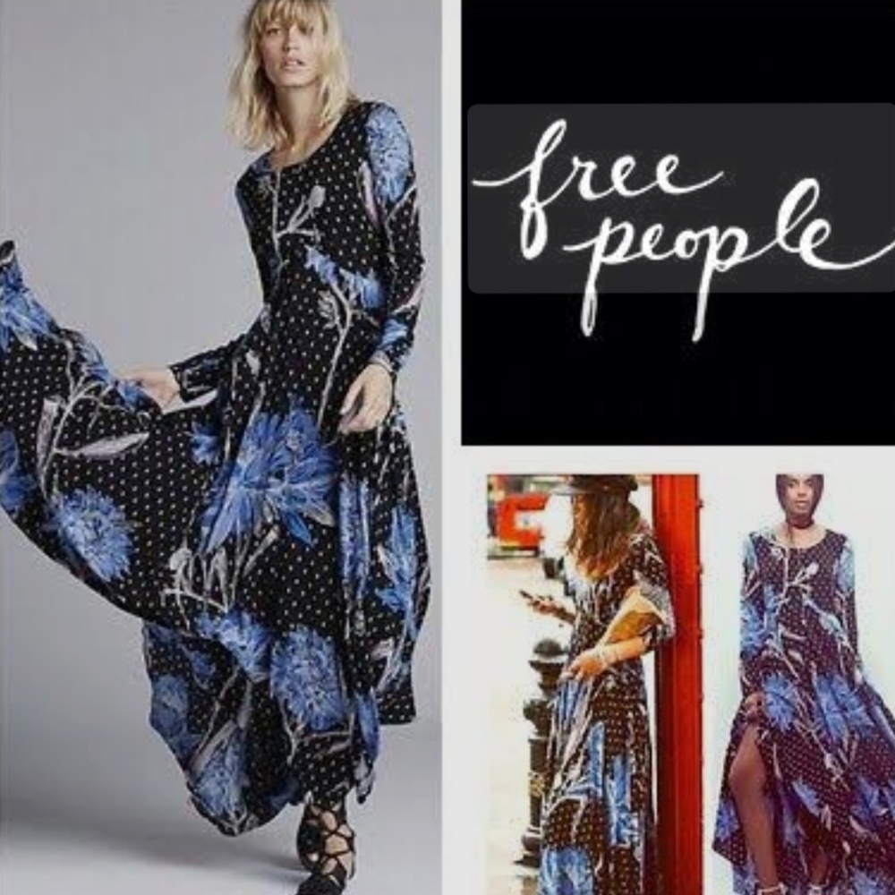 Free People Black and Blue Floral Long Sleeve Dress